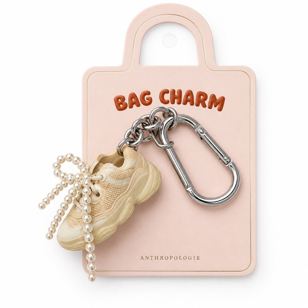 Anthropologie Mini Sneaker Bag Charm Keychain Pearl Laces Cream Silver NWT